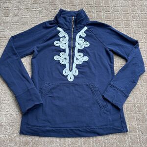 LILLY PULITZER Embroidered Sweatshirt Womens XS Blue Skipper Popover 1/2 Zip